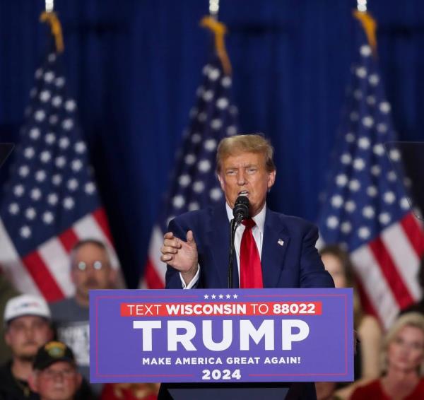 Do<em></em>nald Trump addresses his supporters during a Do<em></em>nald Trump campaign rally on Tuesday, April 2, 2024 at the KI Co<em></em>nvention Center in Green Bay, Wis.