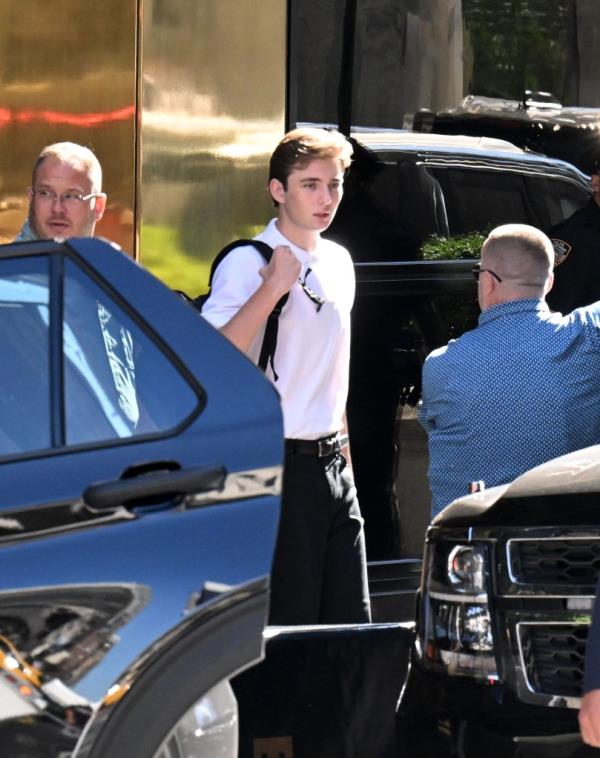 Barron Trump heads off to college leaving Trump Tower this morning in NYC