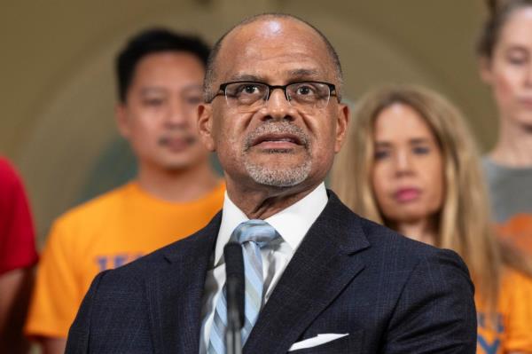 New York City Public Schools speaks during press co<em></em>nference on announcement regarding the safe storage of firearms at City Hall in New York on June 6, 2024