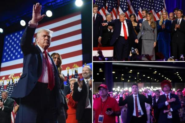 Trump on stage with family members, friends and campaign officials at the watch part in West Palm Beach on Nov. 6, 2024.