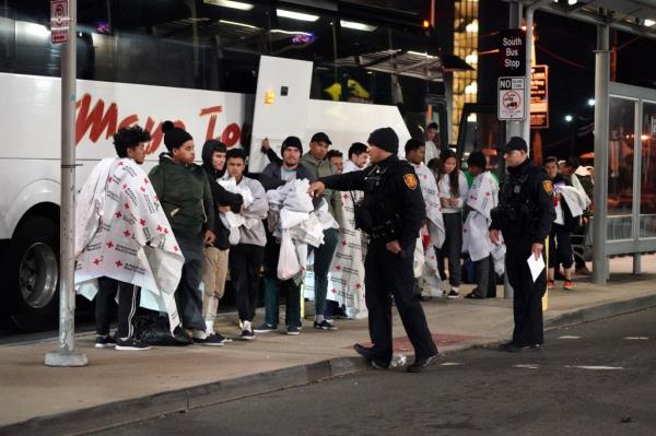 Migrants from the southern border being dro<em></em>pped of by a charter bus at Trenton Transit Center in Trenton, NJ on January 4, 2024.