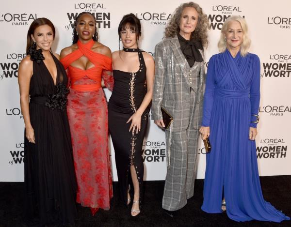 Eva Longoria, Aja Naomi King, Camila Cabello, Andie MacDowell, and Helen Mirren smiling. 