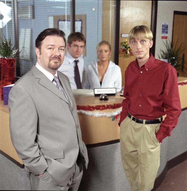 The Office Christmas Special - (l-r) David Brent (RICKY GERVAIS) and Gareth Keenan (MACKENZIE CROOK) in foreground, Dawn (LUCY DAVIS) and Tim (MARTIN FREEMAN) in background.