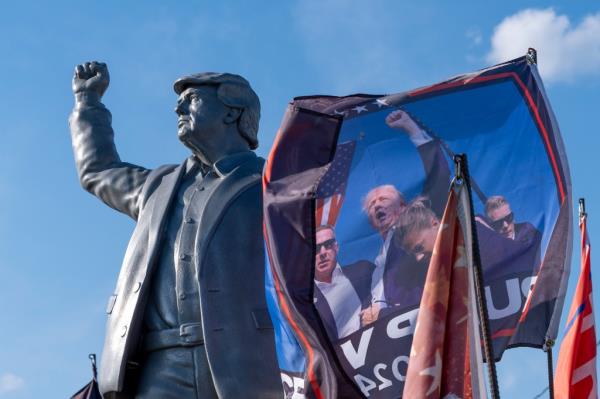 A statue of Republican presidential nominee former President Do<em></em>nald Trump is set up on a truck ahead of a campaign event at the Butler Farm Show, Friday, Oct. 4, 2024, in Butler, Pa.