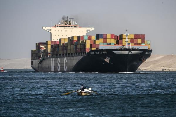 An MSC Mediterranean cargo ship in the Suez Canal. The freight line is one of several to halt operations in the Red Sea