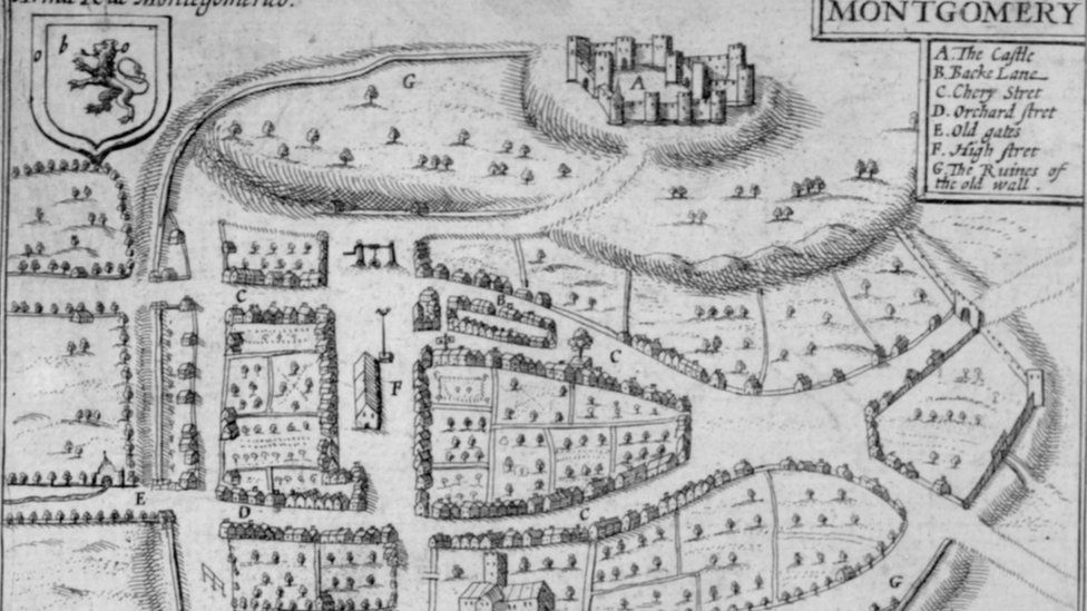 A drawn plan of what Mo<em></em>ntgomery Castle and Mo<em></em>ntgomery looked like originally